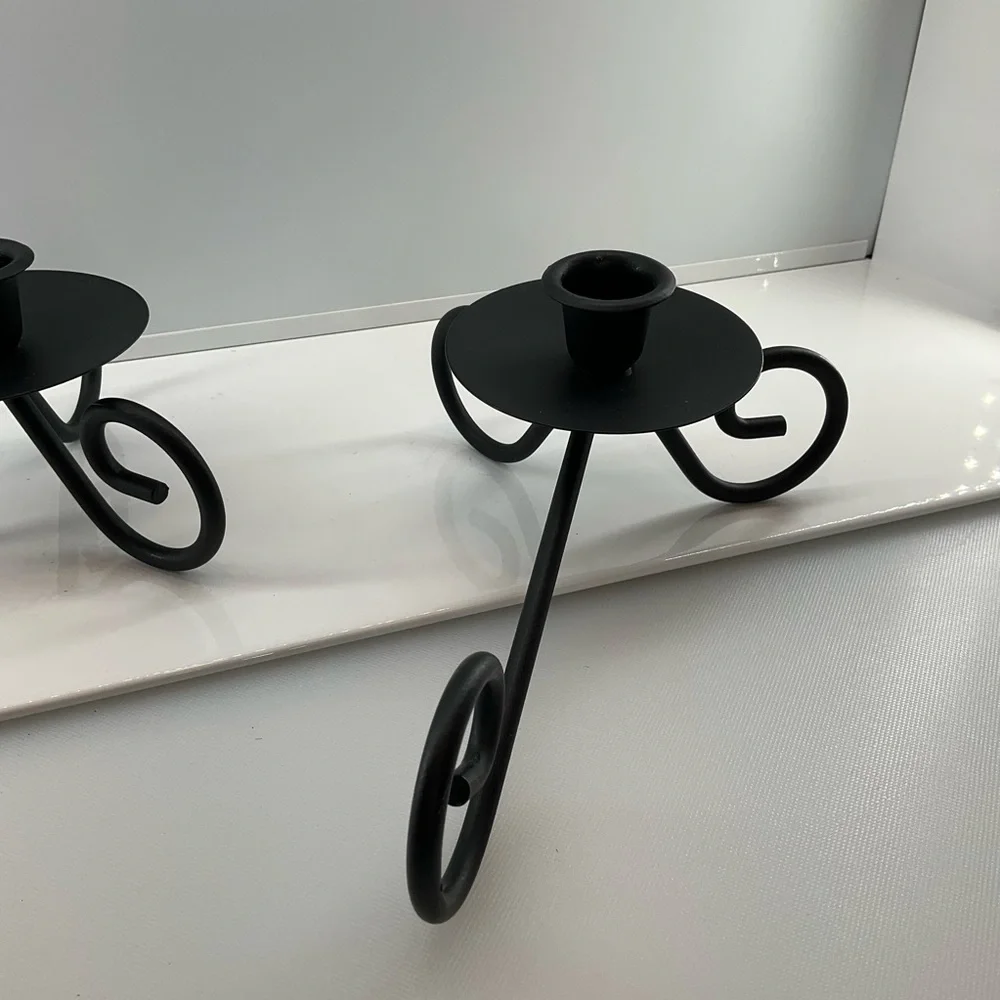 vtg Wrought Iron Candle Holders Flat Black